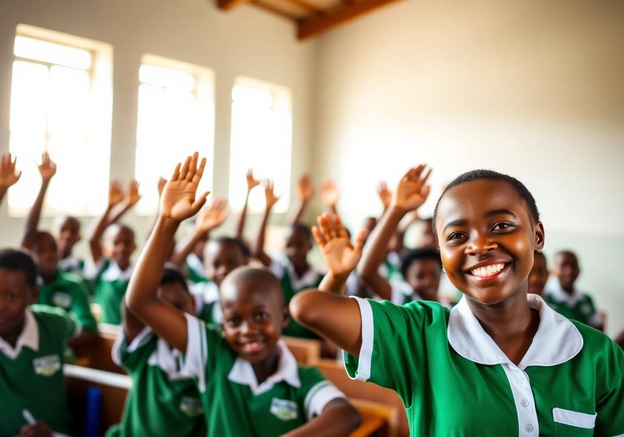 Pupils raising hands in a Sacred Heart Babadogo classroom